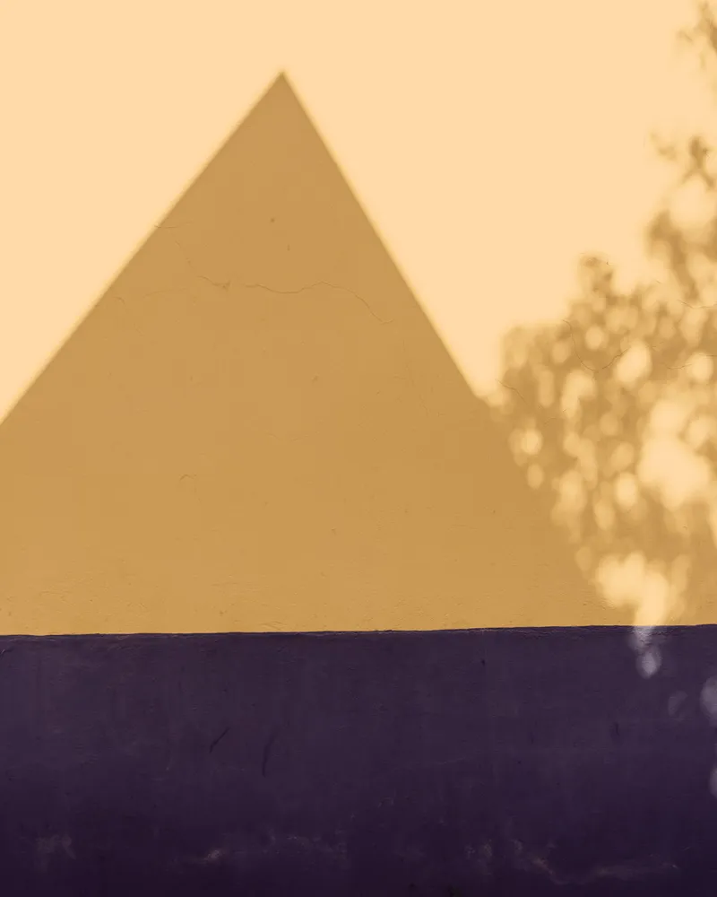 Ochre wall meeting a dark indigo band with a tree shadow, Berlin