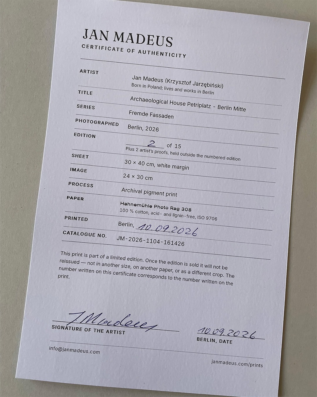 Signed certificate of authenticity for print 2 of 15, stating title, series, edition size, sheet and image dimensions, archival pigment process and Hahnem&uuml;hle Photo Rag 308 paper